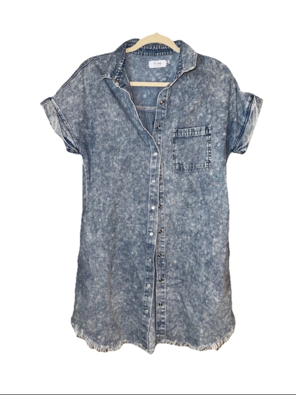 Blu Ivy Mineral Wash Denim Shirt Dress Frayed Hem Women’s Small